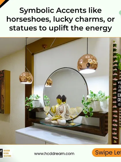 We use symbolic accents to uplift the energy of a space. This entryway features a beautiful Buddha statue and hanging copper lamps, creating a tranquil and welcoming vibe.
