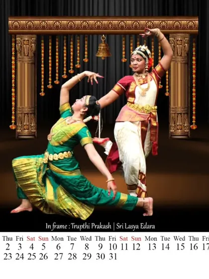 We honor the roots of dance with dedicated classical training. This beautiful shot from our studio calendar features students performing Kuchipudi and Bharatanatyam, showcasing the grace and discipline we teach.