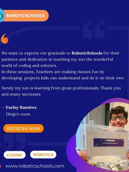 A testimonial from Diego's mom, Yurley Ramírez, expressing gratitude for our patient and dedicated teachers. We are proud to make learning fun and accessible for every child.