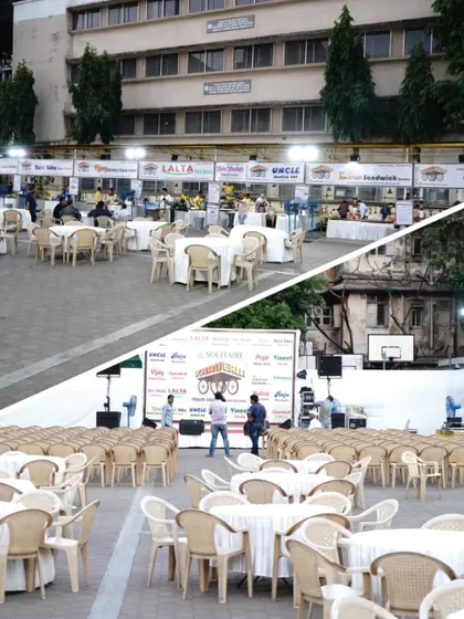This collage shows two different setups for a corporate event. The top shows banquet style round tables for dining or networking, and the bottom shows theatre style seating facing a branded stage.