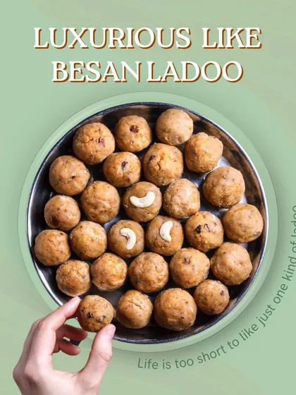 Our besan laddoos are luxurious and rich, made by slow roasting gram flour in pure ghee. A classic sweet that is perfect for any festive occasion.