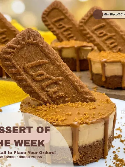 Mini Biscoff cheesecakes carry biscuit toppings in our earlier dessert catalogue, with biscuit crumbs scattered around the portions.