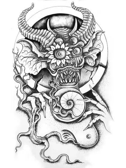 A piece I call 'A short-lived romance'. It features a demonic figure with a sunflower eye, holding a shell with a Fibonacci spiral, symbolizing the clash between beauty and chaos.