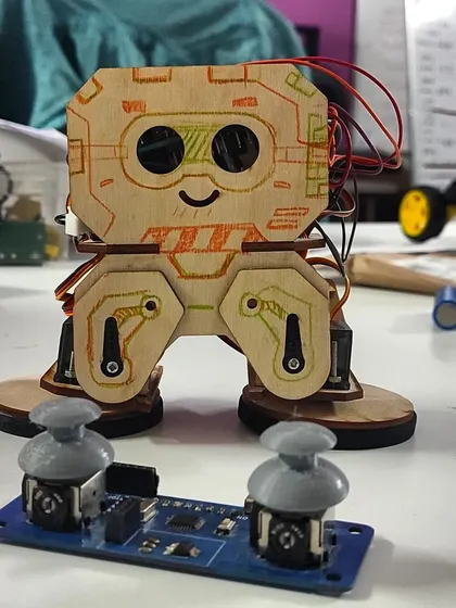 Another new bot in the making! This little guy is controlled by a joystick, giving students a tangible way to interact with the robot they've just built.