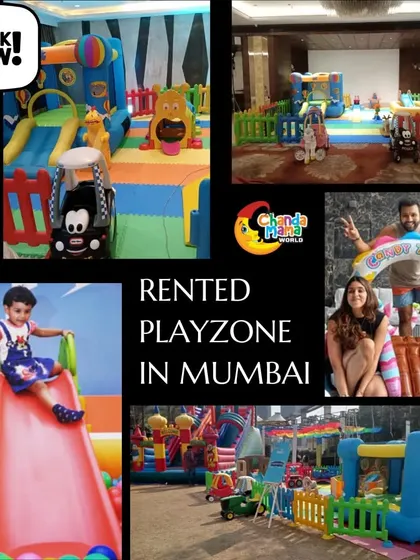 Party planning made easy. This collage features cricketer Rohit Sharma and his wife enjoying the playzone with their child, alongside other images of kids having fun on slides and in our setups.