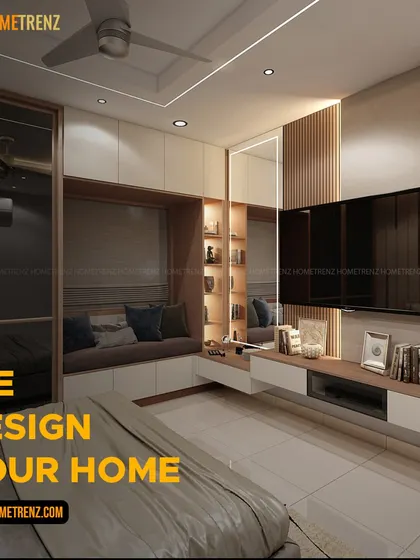 This bedroom design is all about maximizing functionality. It includes a floating TV unit with display shelves, a wardrobe, and a cozy reading nook with its own built-in bookshelf.