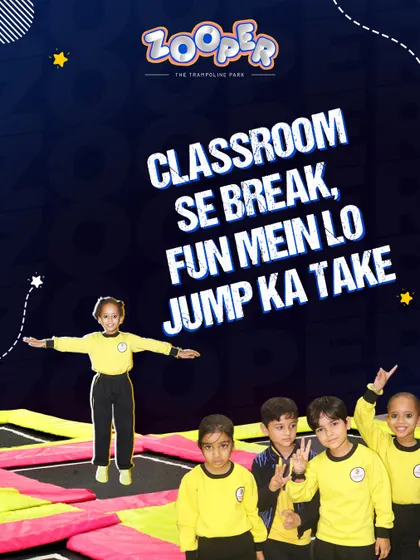 Classroom se break, fun mein lo jump ka take. School groups enjoying their time away from books and on the trampolines.