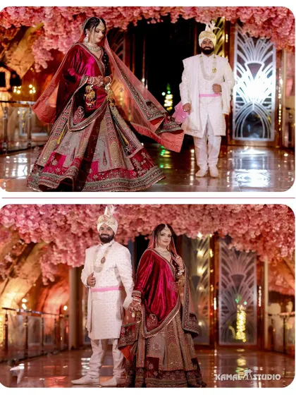 A diptych of the couple's portraits under a canopy of pink flowers, showcasing their royal wedding look.