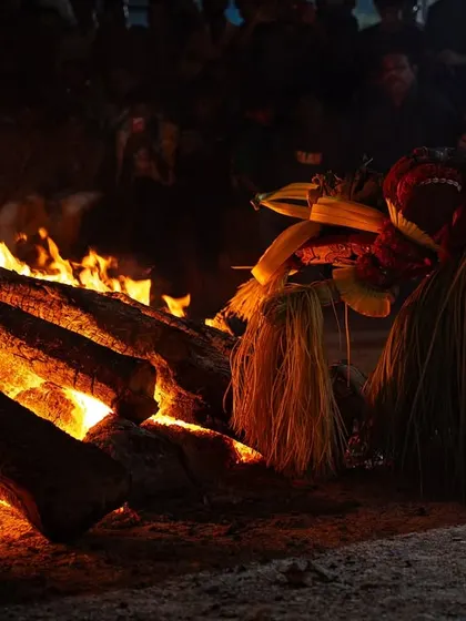 A series capturing the different stages of the Pottan Theyyam ritual, from the performer lying on the embers to being tended to by assistants. These images show the intensity and devotion involved in the all-night ceremony.