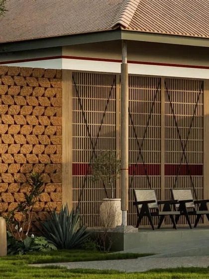 The conceptual design includes serene outdoor seating areas, sheltered by the building's form and surrounded by landscape.