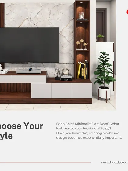 The first step in our design process is helping you choose your style. This image of a TV unit is part of our guide to creating a cohesive design that reflects your personal taste, be it Boho Chic, Minimalist, or Art Deco.