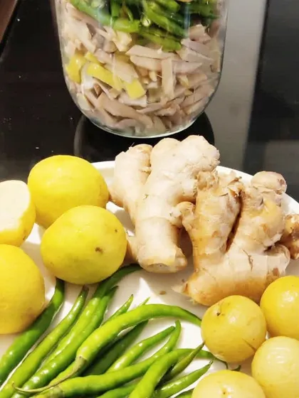 The fresh ingredients are ready to be layered into a jar. This process allows the flavours to slowly infuse, creating a delicious pickle.