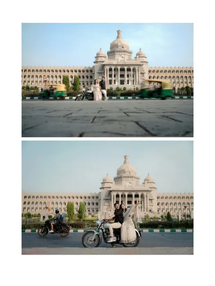 Capturing the motion and energy of the city around the couple. The blurred traffic adds a dynamic element to these shots, making the couple the calm center of a bustling world.