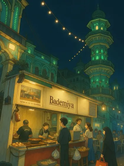 An artist's vision of a night at Bademiya. This beautiful illustration captures the timeless charm of our Minara Masjid stall.