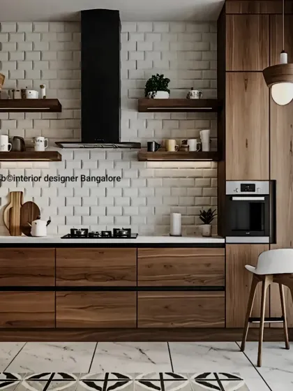 This design features handleless wood-grain cabinets and a white brick-patterned backsplash. The open wooden shelves and pendant lights add a touch of rustic, industrial charm.
