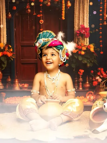 The complete scene with a toy cow, adding another traditional element to the Little Krishna setup.