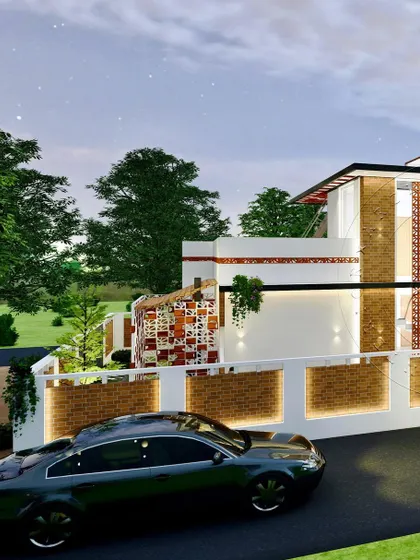 A night-time render of the Ilkal project, where architectural lighting highlights the home's key features. The warm glow from within and the strategically placed exterior lights create a dramatic and welcoming ambiance.