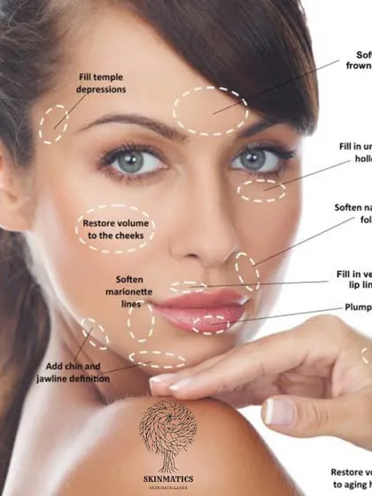 This diagram illustrates the many ways we can use dermal fillers. From softening frown lines and filling under-eye hollows to defining the jawline, fillers are a key tool for non-surgical facial rejuvenation.