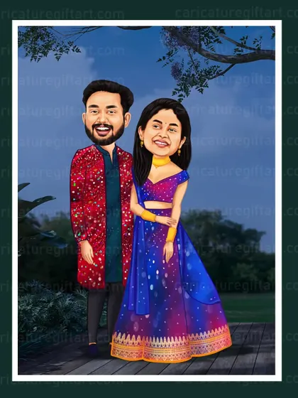 A vibrant caricature of a couple dressed in colorful festive wear, perfect for celebrating a wedding reception or a grand party.