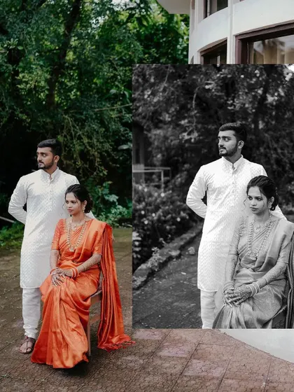 A creative split image showing the same pose in both color and black and white, highlighting the different moods each style can evoke.