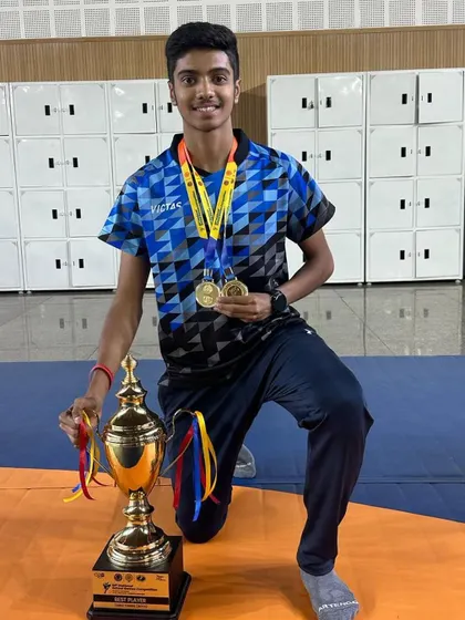 A double gold medal performance from K J Akash at the All India School Games in Bhopal. This picture captures the joy of a significant victory on a national stage for a young athlete.