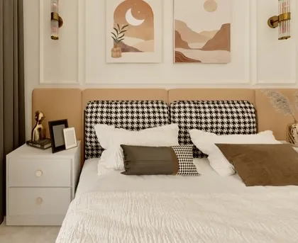 The initial 3D design for a master bedroom, featuring a unique houndstooth-patterned headboard and warm, earthy tones.