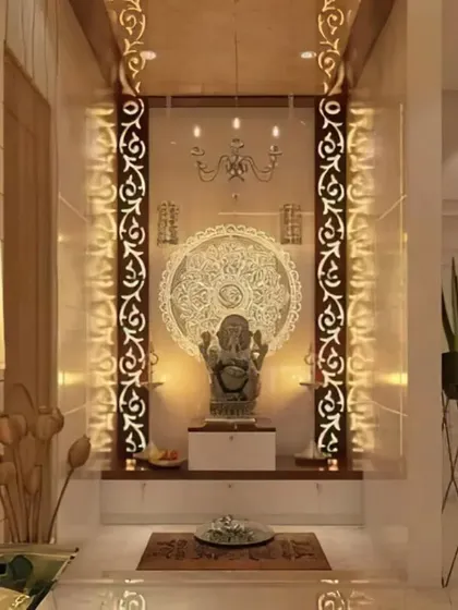 A modern pooja unit with backlit decorative panels. The design is clean and elegant, creating a bright and peaceful space for prayer and meditation.