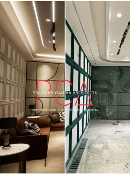 Another render-to-reality comparison, this time for the Vasant Kunj luxury residence. The image shows how the aesthetic of the 3D design was perfectly matched in the final built environment, from wall panels to lighting.