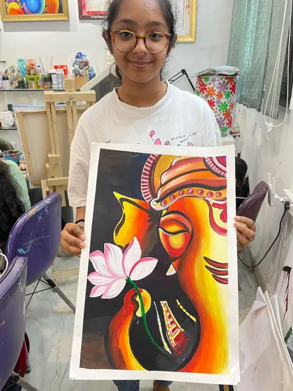 This young artist created a beautiful Ganesha painting using poster colors. It shows how we introduce spiritual themes to students of all ages, adapting the complexity to their skill level.