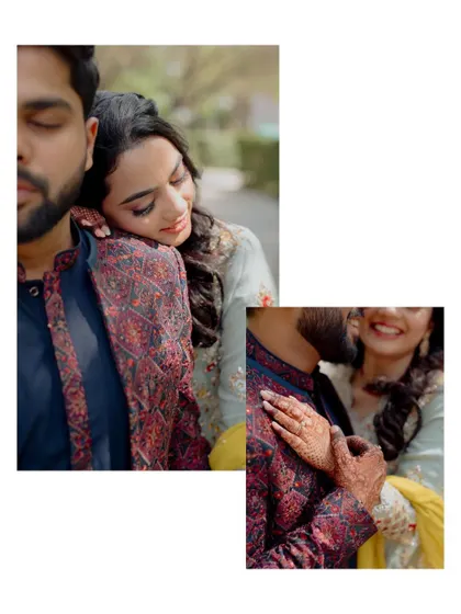 An artistic collage from a pre-wedding function, focusing on the couple's connection and the beautiful details of their outfits.