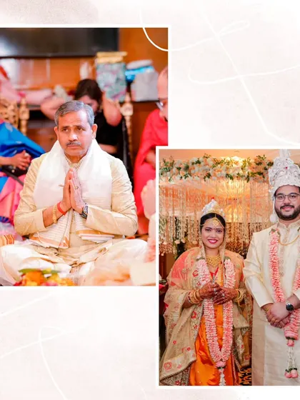 A collage from a traditional Bengali wedding, showing the couple and a family member during the rituals. It highlights the cultural richness of the ceremony.
