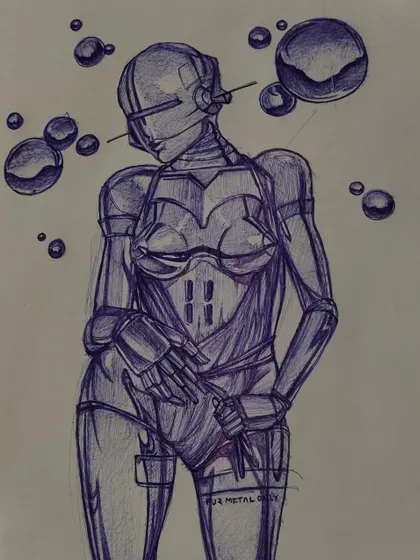 This is a complete ballpoint pen drawing of a female android character. I enjoy exploring mechanical and sci-fi themes, focusing on the interplay of organic shapes and hard-surface robotic parts.