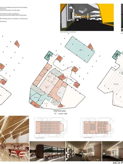A presentation sheet showing the functional zoning and interior renders for the clubhouse.