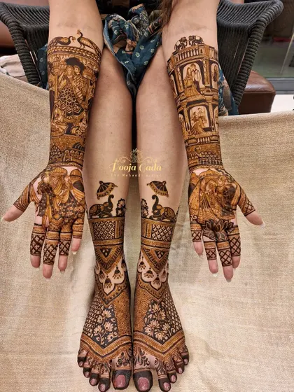A heavy bridal set with intricate figurative work on the hands and complementary elephant designs on the feet.