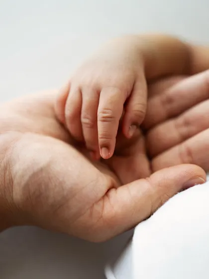 A newborn's hand resting in the palm of their parent's hand. You can see every little wrinkle and fingernail.