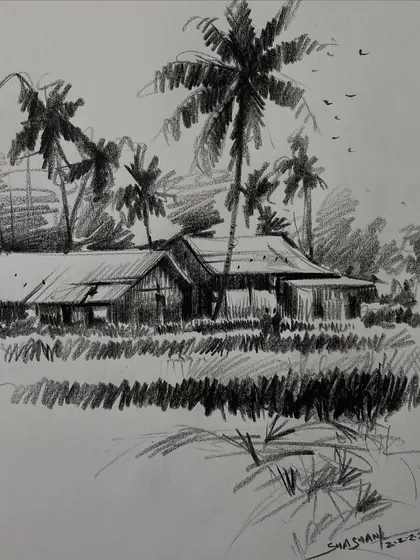 A loose pencil sketch of a rural landscape, focusing on capturing the overall impression rather than fine details.