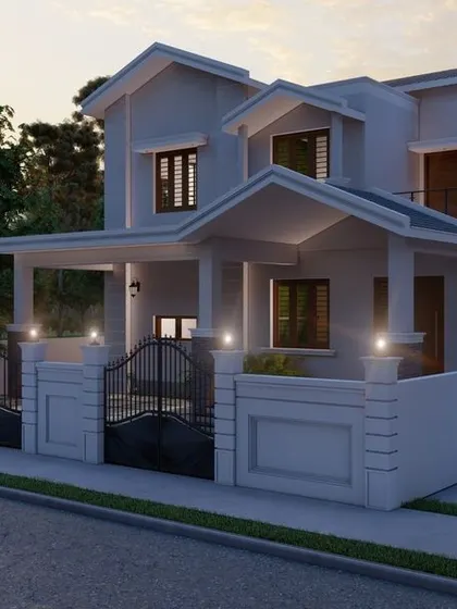 This proposed elevation design features a classic gabled roof style with modern touches. The clean white exterior and simple gate create a timeless and elegant look.
