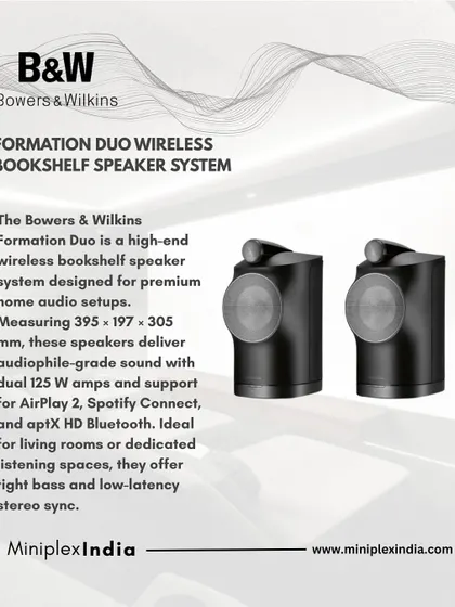 The Bowers & Wilkins Formation Duo is a high-end wireless bookshelf speaker system. It delivers audiophile-grade sound with the convenience of wireless connectivity, perfect for modern living spaces.