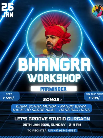 Get ready to groove Punjabi style. This poster announces one of our special Bhangra workshops with coach Parminder, where we dive into two amazing songs in one session.