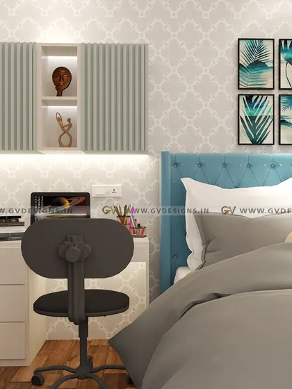 We created a serene atmosphere in this room with an off-white and blue color palette. The design includes a study unit with fluted laminate doors and a dressing area with an LED mirror, all set against an elegant wallpapered accent wall.