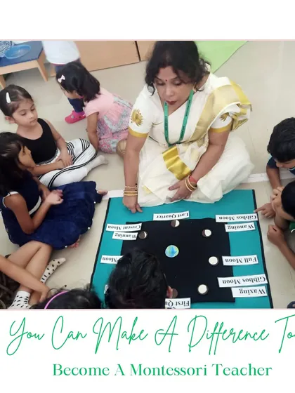 You can make a difference. This image captures a teacher guiding children through the phases of the moon, a perfect example of the kind of interactive, wonder-filled lessons you will learn to facilitate in our program.