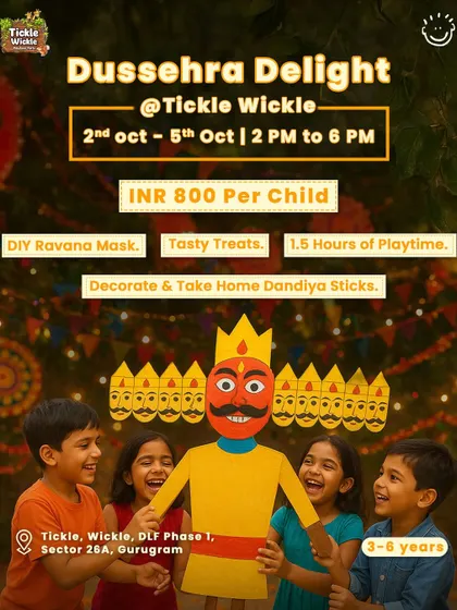 A Dussehra Delight event at Tickle Wickle for young kids, featuring DIY Ravana masks and dandiya stick decoration. I find culturally relevant and age-appropriate activities.