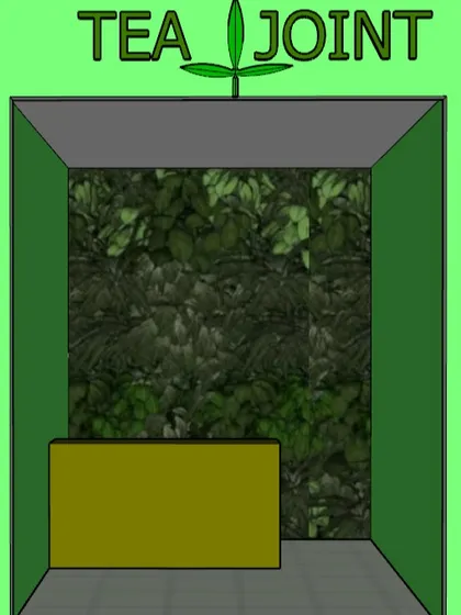 A close-up of the "Tea Joint" franchise module. The design uses a vibrant green color scheme and a lush green wall to create a fresh, natural, and eye-catching brand identity.