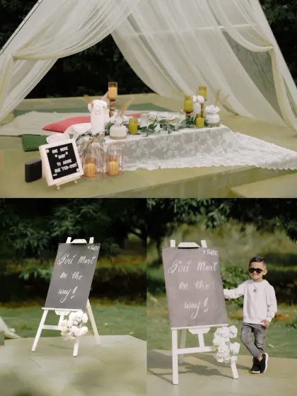 Announcing a new arrival with the help of a big brother. This collage shows both the charming picnic setup I can arrange and the playful shot of the older son with a "First Mate on the way!" sign, making the announcement special.