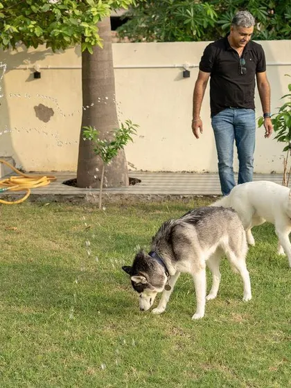Beating the Delhi heat with some water masti! Our large, grassy lawn is perfect for supervised fun, and on hot days, we bring out the hose for some extra splashing and happiness.