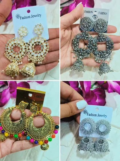 We stock a variety of jhumka-style earring bezels, perfect for creating traditional Indian jewelry. This image displays several designs in both gold and antique finishes, ready for your creative touch.