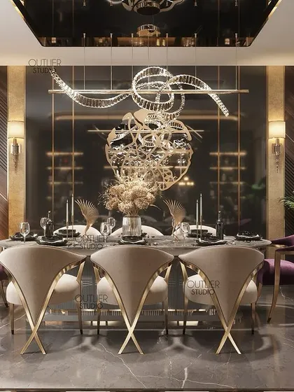 A wonderful moment in a dining hall. This space combines modern and classic elements, with elegant seating and a sculptural chandelier over a dark table, creating a relaxed yet sophisticated ambiance for dining.