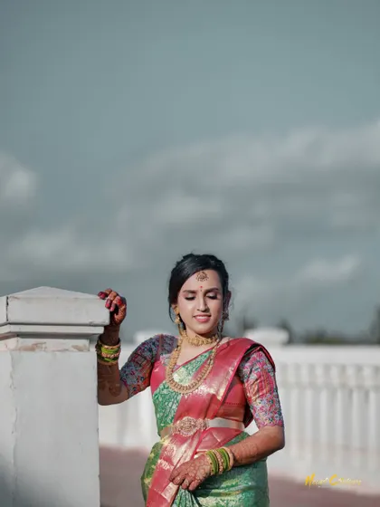 A beautiful outdoor bridal portrait against a cloudy sky. The soft, diffused light is perfect for capturing elegant shots.