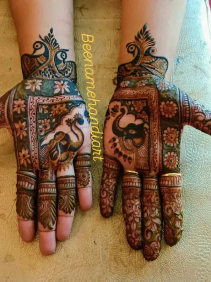 A lovely design with elephants and peacocks. The patterns on the fingers are delicate and match the overall traditional theme of the mehandi.
