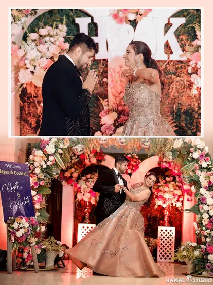 A comprehensive look at an engagement party, from the bride's solo portraits to the couple's dance, cake cutting, and celebration with friends.